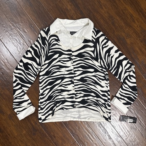 Elementz Cardigan Collard Sewn-In Shirt Long Sleeve Zebra Print Women NWT Sz XL - Picture 2 of 15