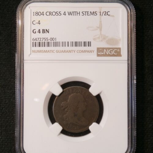 1804 Draped Bust Half Cent NGC G-4 Good C-4 Low Crosslet 4 With Stems - Picture 3 of 4