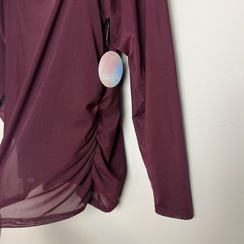 Jolie Joy 2X Maroon Shirt Lightweight Ruched Sides Long Sleeve Sheer - 第 4/7 張圖片