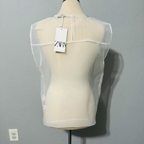 Zara Women New Gray Sleeveless Semi-Sheer Round Neck Organza Top Size M - Picture 6 of 11