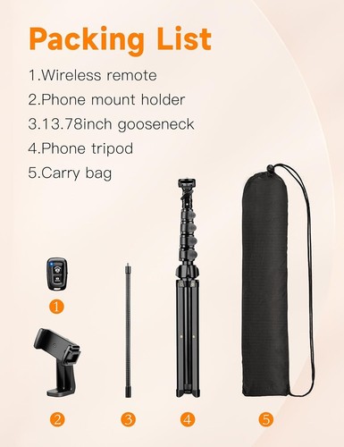 Phone Tripod 86" Tall Tripod for Iphone w/ Flexible Gooseneck & Remote Portable - Picture 8 of 8