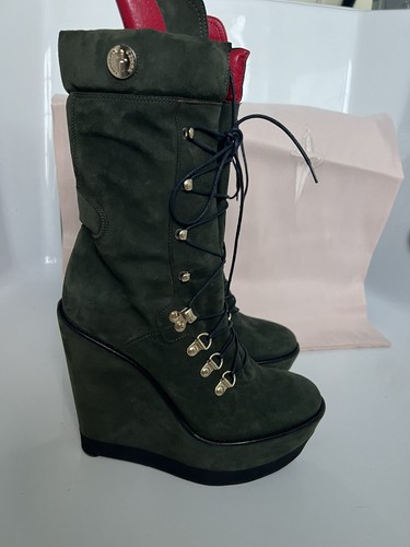 Cesare Paciotti 8 38 Green Suede Mid Calf Laced Up Platform Wedge Fashion Boots - Picture 9 of 19