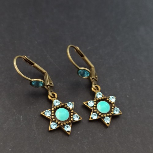 Michal Negrin Star of David Earrings Turquois Blue Crystals Dainty Israel Gift - Picture 9 of 13