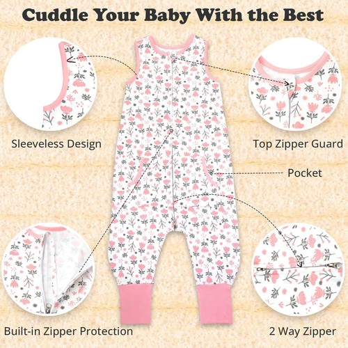 Toddler Sleep Sack with Feet - 100% Cotton 2T-3T Wearable Blanket, Pink Flowers - Picture 5 of 10