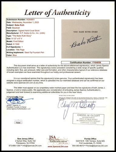 Babe Ruth Autographed Book Yankees Auto Grade Mint 9 JSA & Beckett AC41288 - Picture 9 of 9