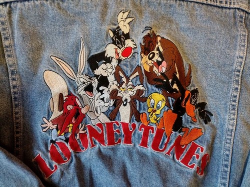 Looney Tunes Jacket Kids Large Blue Denim Coat Vintage 90s Cartoon Warner Bros - Picture 2 of 7