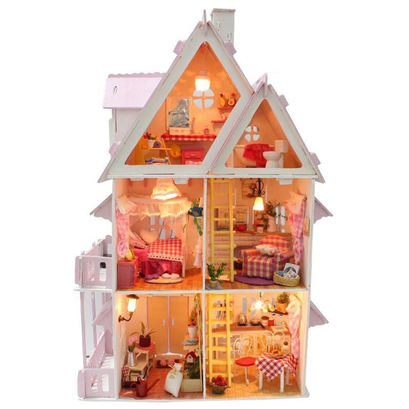 Niños Muñeca casa de madera en miniatura Muebles chalet Luces LED Regalos Cumpleaños Kit Niños Muñeca casa de madera en miniatura Muebles chalet Luces LED Regalos Cumpleaños Kit