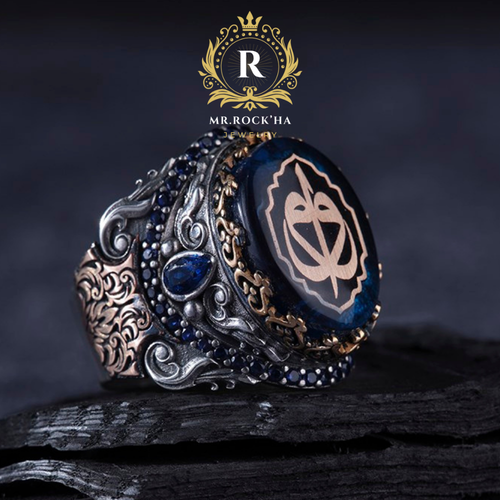 Arabic Letter Design,Blue Amber Stone,Handmade Engraving,925K Silver Men's Ring - Picture 5 of 12