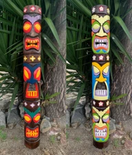 Colorful Set of  5 Foot Hand Carved Wooden Polynesian Tiki Totem Masks