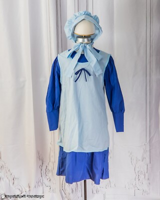 #ad Blue 1800#x27;s School Girl Costume Size Small 4 6 Dress Pioneer Apron Bonnet $14.00