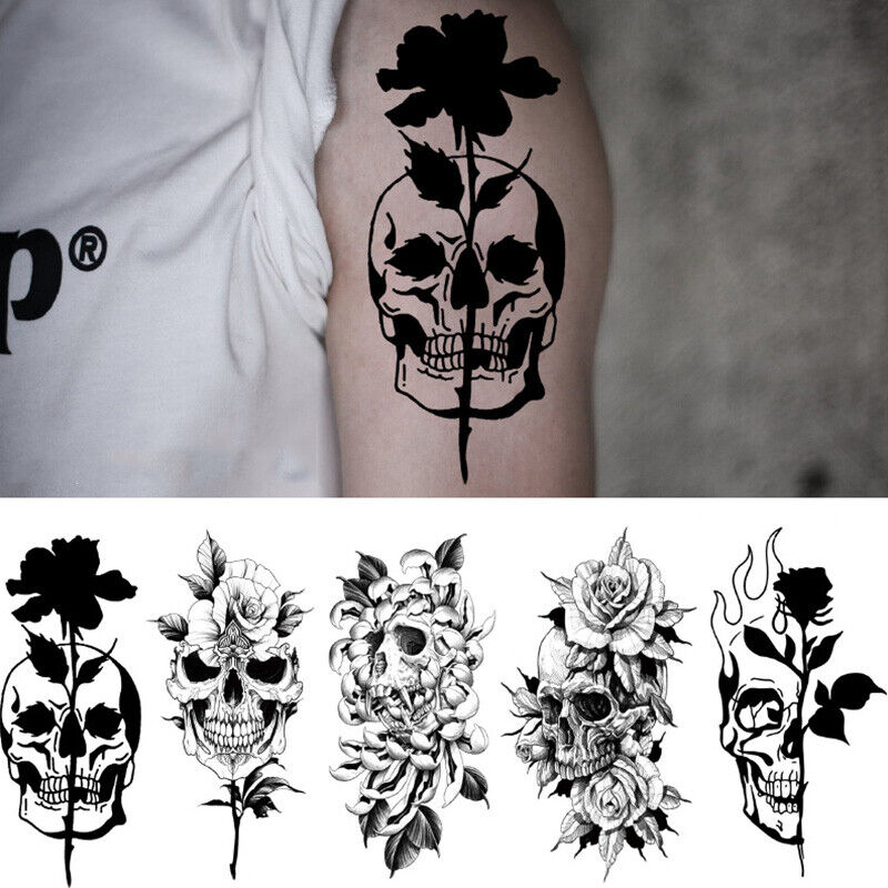 Halloween Tattoos Sticker Temporary Fake Tattoo Skull Rose Women Men Body Art
