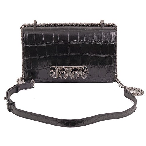 NEW $2395 ALEXANDER MCQUEEN Black Croc Embossed JEWELED KNUCKLE Chain FLAP BAG - Picture 3 of 24