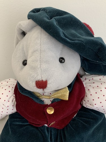 Vintage Applause Bunny Rabbit Plush Velvet Teal Hat Burgundy Vest Gray Bunny 18 - Picture 2 of 5