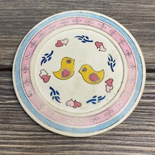 Vintage Chilton Plastic Play Dinner Food Plate Yellow Chicks Pink Blue Trim 4