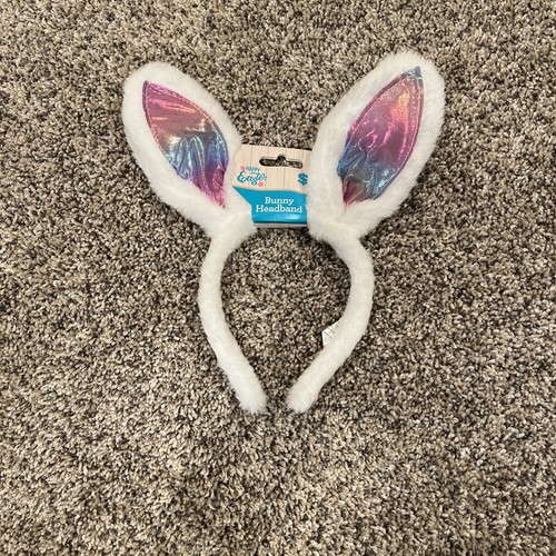 Happy Easter Furry White Bunny Metallic Rainbow Ears Headband NWT