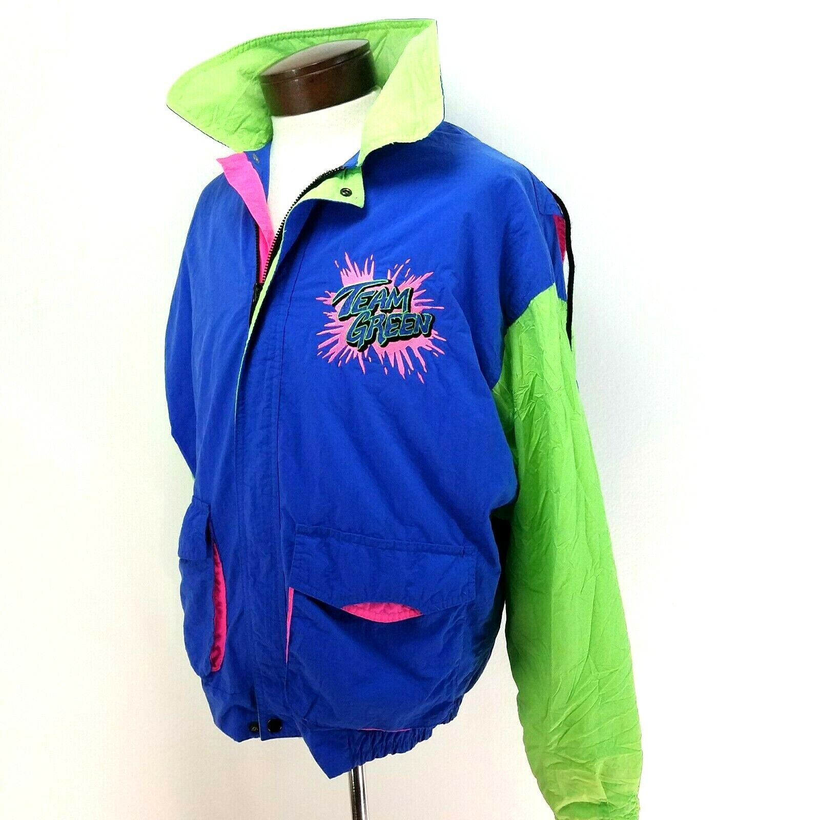 Vtg 90s TEAM GREEN KAWASAKI Jacket Embroidered Zip Up Hooded Men's Fits M  to L *