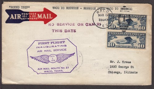 1928 First Flight CAM-21 round trip Waco - Houston - Chicago via Waco - Afbeelding 1 van 2