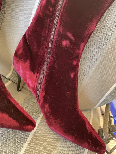 Dg2 Diane Gilman 7.5 Velvet High Heel Boots-maroon Zip Beaded/Embroidered Damage - Picture 6 of 17