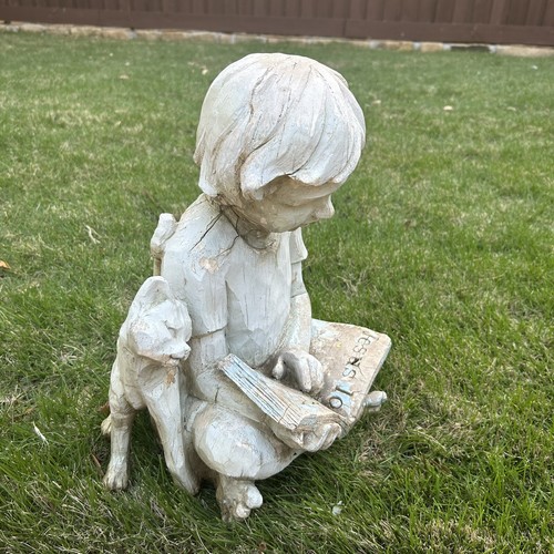Boy & Cat Garden Statue Wooden Concrete Look Resin Cute Reading “Jesus Loves Me” - Picture 8 of 13