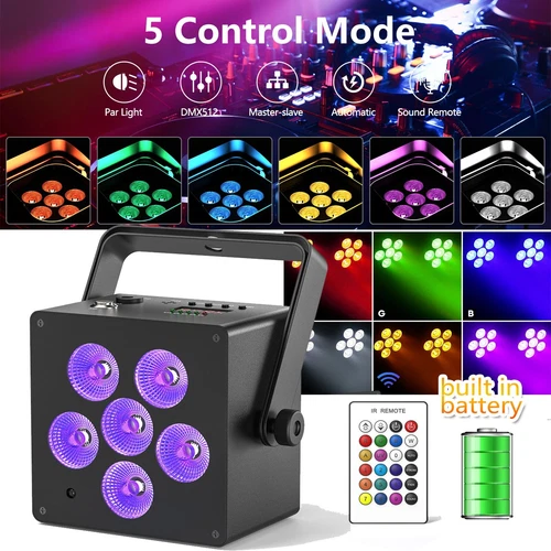 Battery 6LED Par Light DMX RGBWA+UV Stage Lighting Party Disco Club Rechargeable