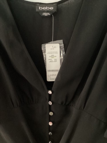 NWT Bebe Tie Button up FLUTTER SLEEVE Blouse TOP Black Sz XS - Picture 3 of 9