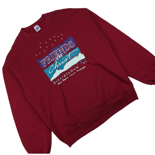 Vintage 1991 FRIENDS IN CHRIST Church Jerzees Jumper Sweatshirt Red Size XL - Picture 3 of 9