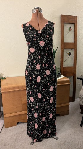 CHARTER CLUB Schrägschnitt ärmelloses langes Kleid Gr. 8 10 schwarz Rose Blumendruck gebraucht, in einwandfreiem Zustand
