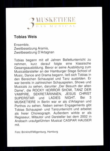 Tobias Weis 3 Musketiere Musical Autogrammkarte Original Signiert + 1230 - Bild 2 von 2