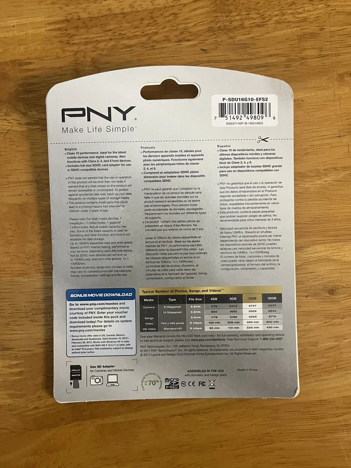 PNY 16 GB Class 10 Micro SDHC Memory Card W Adapter-New- Made in Korea - Image 2 of 2