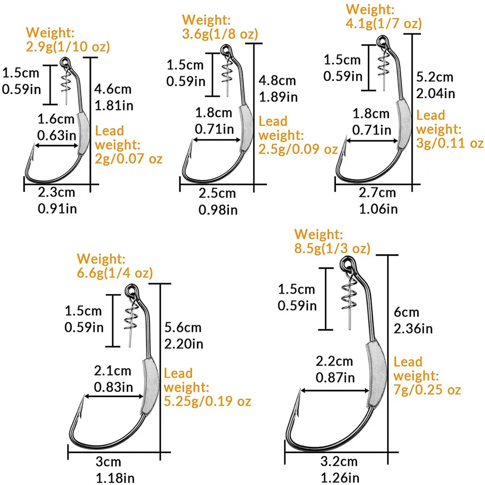 25 piezas anzuelos de pesca anzuelos de cebo de natación con peso 5 tamaños para ganchos de gusano de plástico blando Foto 3 de 4