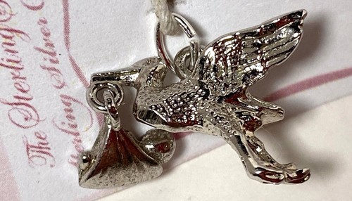 Neu mit Etikett beweglicher Vintage 3D Storch mit Baby Sterlingsilber Anhänger Charm  - Bild 8 von 12