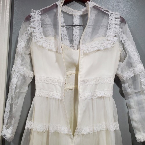 Vintage HANDMADE Women's White Long Sleeve Lace Boho Chiffon Wedding Dress Sz S - Picture 7 of 22