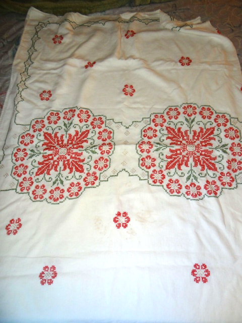 Vintage Christmas Tablecloth Hand Cross Stitch 56 x 72 Red Green Gold on White Vintage Christmas Tablecloth Hand Cross Stitch 56 x 72 Red Green Gold on White