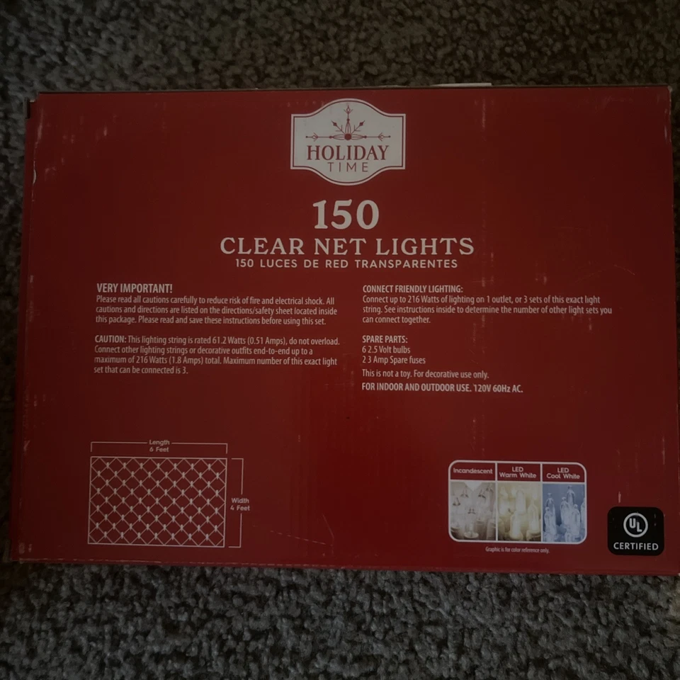 Wal-Mart Holiday Time 150 Clear Net Lights 6ftx4ft Green Wire Box Varies - Image 2 of 2