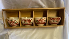 Set of 4 Japanese Rice bowls Hand Painted Porcelain Rust Green Nature~Inspired