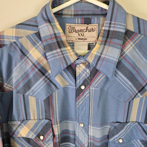 Wrancher by Wrangler Western Pearl Snap Button Blue Plaid Vintage Shirt XXL - Picture 4 of 8