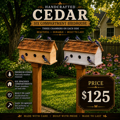 Handcrafted Cedar 6 Compartment Birdhouse for Outdoor Decor | Martin House