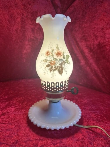 Vintage Milk Glass Hurricane Table Lamp-Floral-Ring Catcher-11inch TESTED!!!