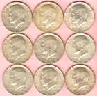1965P 1966P 1967P 1968D Lot Of 9 John F Kennedy 40% Silver Half Dollars