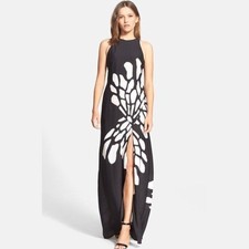 Halston Heritage Georgette Racerback Satin Maxi Dress | Black & White | Size 6