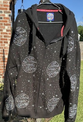 Vintage Gino Green Global Size 2XL Zip Up Hoodie Rhinestones Moon Stars Space