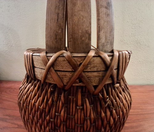 Antico cesto da raccolta cinese asiatico legno di salice tessuto a mano casale grande - Foto 7 di 8