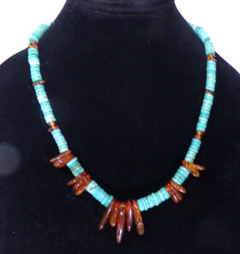 Handmade Amber & Turquoise Necklace Natural or Faux Beads 20" NT2 cl88cr j88cr - Picture 2 of 9