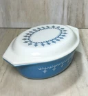 Vintage Pyrex Blue Snowflake Garland Oval Casserole Dish w/ Lid #043  1-1/2 Qt