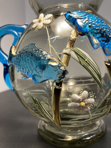 ANT. MOSER BOHEMIAN VASE W/ APPLIED RAISED FISH/ FLOWERS & HANDLES. BEAUTIFUL!! - Picture 8 of 16