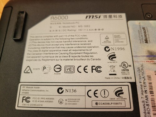 MSI A6000 Retro Gaming Laptop Computer, Windows 10, C2D Nvidia 8200M 128GB SSD - Zdjęcie 4 z 4