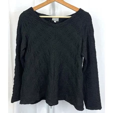 NICHE Nilgun Derman Size S Ridge Knit Top V Neck Long Sleeve Textured Black