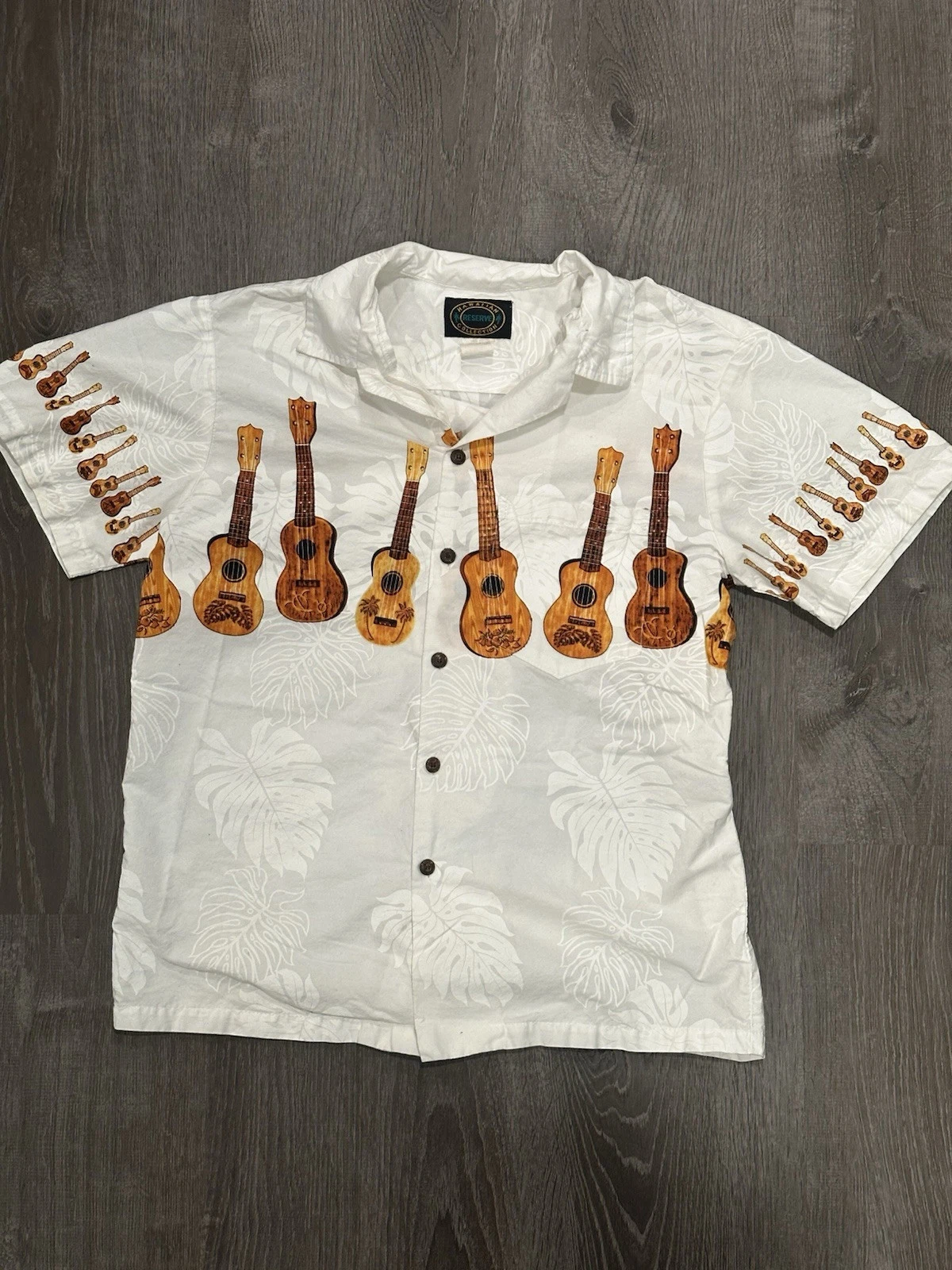 80s Hawaiian Reserve Collection White Ukulele Palm Leaves 100% Cotton Shirt S