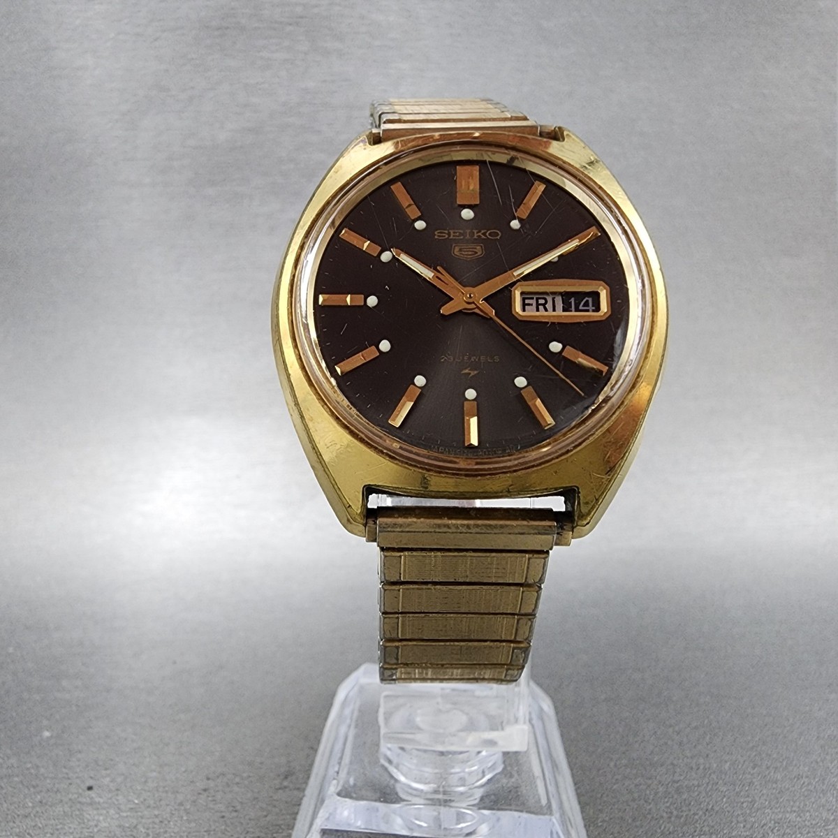 Seiko 5 Watch Men 36mm Black Dial Gold Tone Daydate 5126-8010
