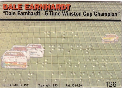 Tarjeta trasera Dale Earnhardt 5 veces campeón de la Copa Winston Braille 126 1993 llena de acción - Imagen 2 de 2